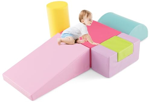 GOPLUS Parcours Motricité Bébé 6 PCS, Module Motricité Bébé en Mousse, Jouets Éducatifs Intérieur avec Housse en PU et Remplissage en EPE, Idéal pour Enfants d'Âge Préscolaire à Grimper et Ramper