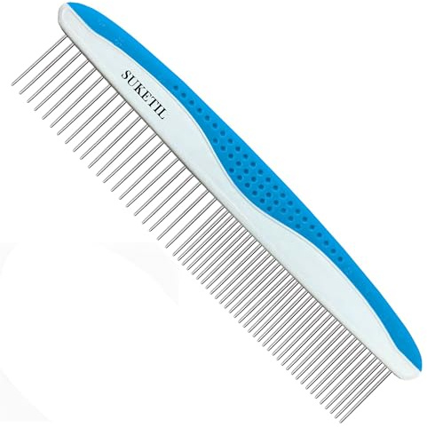 SUKETIL Dematting Comb for Dogs & Cats, Removes Tangles & Matted Fur, Stainless Steel Teeth, Non-Slip Handle, Pet Grooming Tool (Style 1- Blue)