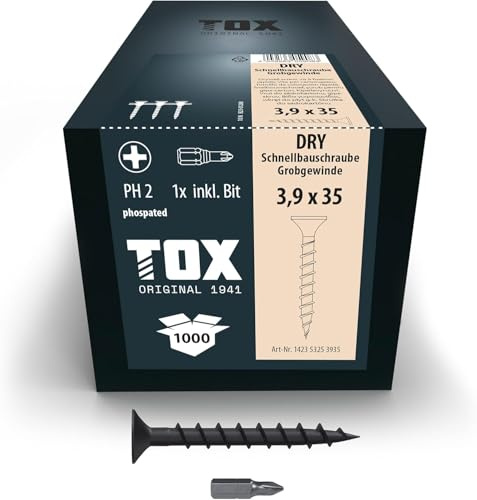 TOX Tornillos para cartón yeso DRY GG 3,9 x 35 mm, magazinados para montaje rápido con destornillador de cargador, rosca gruesa, cartón yeso sobre subestructura de madera, 1000 piezas, 142353253935