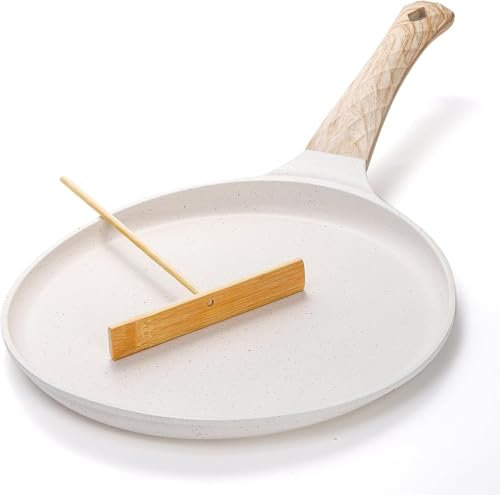 Trusttread Crepe Pan 20 cm, Non-Stick Coating Pan with Brew-proof Wooden Handle, with Wooden Pancake Distributor, Suitable for All Types of Cookers and Induction Hobs, Colour Beige