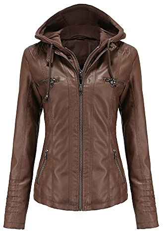 Suncadmious Chaqueta de Cuero sintético con Capucha extraíble para Mujer Abrigo de Motorista Moto (Café,L)