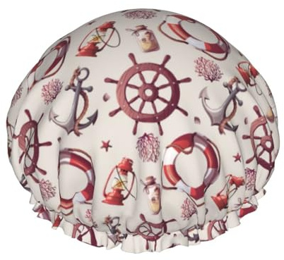 Hair Cap for Shower - lifebuoy anchor rudder Double Layer Shower Cap Reusable Water-resistant, Large Shower Cap for Women, Hair Cap for Shower with Peva Lining and Elastic Rope