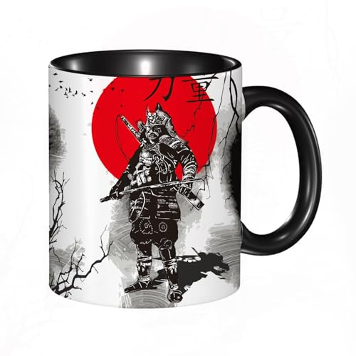 EKLMPS Tazas de Café,Taza de Cerámica para Té y Café,330ml/11oz,Regalos original,Aniversarios,nupical,desayuno,Románticos,Dibujo a mano de un guerrero samurái con la palabra samurái escrita en kanji