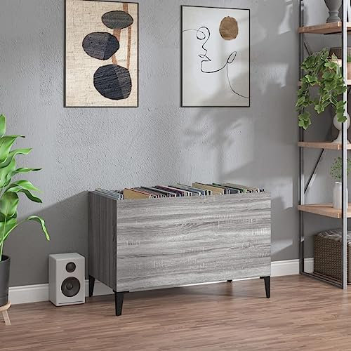 prissent Schallplattenschrank 74,5 x 38 x 48 cm Mehrschichtholz Mehrzweck-Schrank Schallplattenschrank Vinyl-Schrank Wohnzimmer Regal Holz TV-Schrank CD-Rack CD-Regal Grau Sonoma