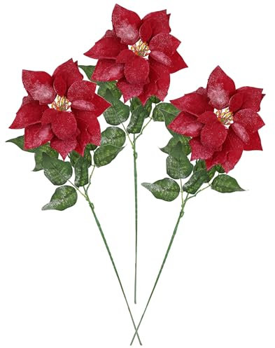 Künstliche Blume Poinsettia 70cm, 3er Set naturgetreue Blüte Seidenblume Einzelblume Zweig Tischdeko Winterdeko Floristik Kunstblume Weihnachtsstern Weihnachtsblume Weihnachtsdeko Adventsstern, rot