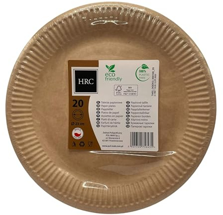 HRC Eco Lot de 20 assiettes rondes en carton jetables pour barbecue, randonnée, baptême, fête, anniversaire, compostable, matériaux respectueux de l'environnement, 23 cm Marron