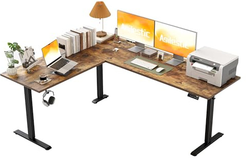 Agilestic L-format höj- och sänkbart skrivbord, 190 x 155 cm kontorsbord, höj- och sänkbart elektriskt hörnskrivbord, ergonomiskt ståbord, datorbord, brun
