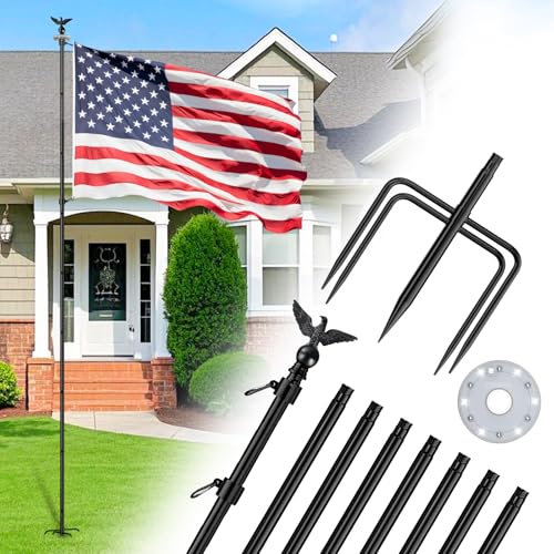 ZMTECH 3 m Fahnenmast-Set im Boden mit 5 Zinken und Solarlicht, robuster Fahnenmasthalter mit Metalladleraufsatz für draußen, Haus, Hof, Garten, Dekoration, Wohngewerbe (1 Packung, keine Flagge)