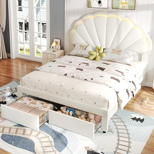 Merax Double bed frame, 4ft6 Double Upholstered Storage Bed, Chic Petal Shape Backrest, 16 Colors LED-light Strips, mit 2 Drawers, Iron Bed Legs, Velvet Fabric, Beige/135CM*190CM