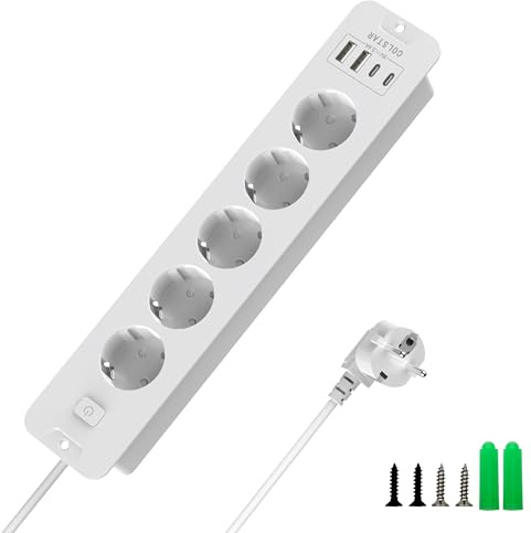 Multiprise escamotable 5 prises avec 4 ports USB (2 USB-C, 2 USB-A), 16 A, câble de 2 m, interrupteur d'économie d'énergie, multiprise invisible encastrée pour bureau propre, blanche