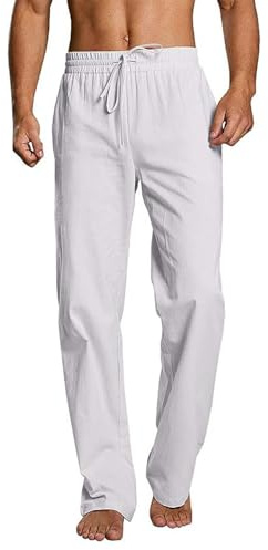 Pantalon Coton Lin Homme Été Pantalons de Plage décontracté Casual Yoga Pants avec Cordon Leger Elastique Blanc XL
