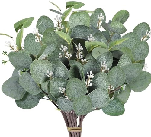 Wennicy 12 Eukalyptus Künstlich Dekorative Eukalyptus Pflanzen Künstliche Blätter Kunststoff Gefälschte Grüne Deko Kommunion Hochzeitsfeier Haus Esstisch Dekorative Pflanzen Valentinstagsdekoration