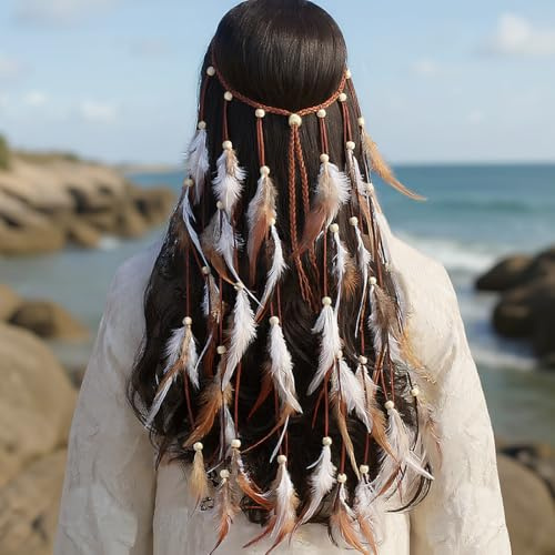 Festival Kopfschmuck mit Federn für Frauen - Bohemian Headpiece, Verstellbare Feder Haarband, Hippie Tribal Headpiece für Konzerte, Parties, Karneval und Coachella, Ethnischer Haaraccessoire