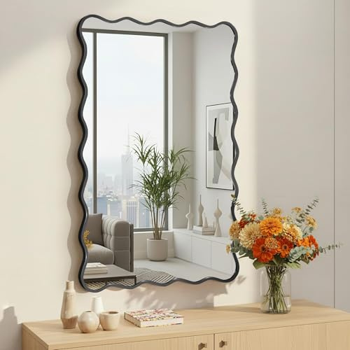 Fahomiss Wavy Rectangle/Square Wall Mirror with Brushed Aluminium Alloy Frame & Shatterproof Glass for Bathroom, Entryway, Living Room
