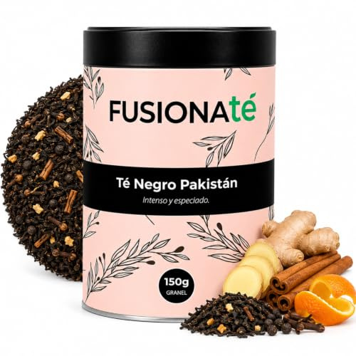 FUSIONATÉ Té Negro Pakistaní, Lata 150 g de Té a Granel Especiado Natural con Canela, Energizante y Aromático, Ideal para Chai Latte o Infusión Caliente