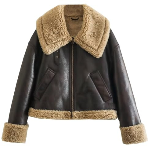 Hperu Chaqueta de cuero con piel para mujer, chaqueta de piel de cuero a la moda, abrigo corto de solapa cálido para invierno con cremallera, para mujeres y niñas, con
