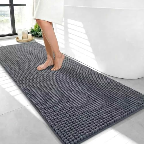 Linruione Badematte Grau 50x120 cm Groß, 1400g/m² Chenille Badteppich rutschfest Waschbar, 1.5cm Hochflor Badezimmerteppich Saugfähig & Weich, Duschvorleger für Badezimmer