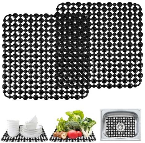 YAZWUR 2 unidades Protector de fregadero ajustable, alfombrilla para fregadero de cocina con drenaje rápido, ideal para platos, cristalería y verduras (28 x 28 cm) (Negro)