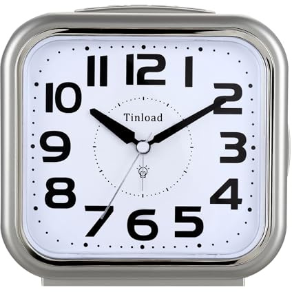Tinload Analog Seniorenwecker mit Nachtlicht, 5.5 Zoll großes Zifferblatt, Tischuhr mit Schlummerfunktion, laut, ansteigendem 3-stufigem Glockenton, Batteriebetrieben (Silber)