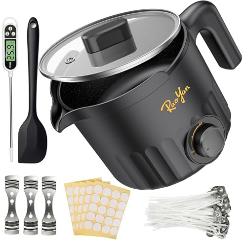 RAOYAN Wachsschmelzer mit Ausgießer 1,5L – kerzen selber machen set für Anfänger & Erwachsene, inkl. Wachsschmelztopf, Rührlöffel, Thermometer, Dochte, Aufkleber & Zentriervorrichtung - Schwarz