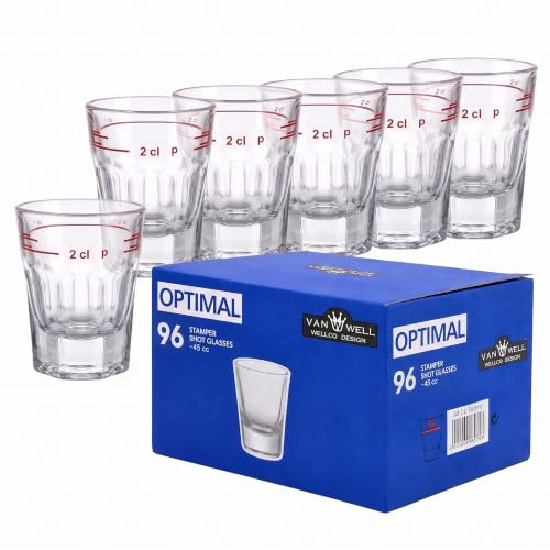 Van Well Schnapsgläser Lahnstein 2 cl, 96er Set, geeichte Shotgläser | 9-kantige Spirituosengläser mit rotem Eichstrich, dickwandigem Glas & spülmaschinengeeignet – Ideal für Bar, Gastro & Party