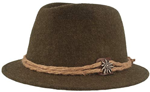 Hut Breiter Original Herren Trachtenhut Filzhut Wanderhut Tiroler-Art, 100% Wolle mit Hanfkordel, Edelweiss & schmaler Krempe, in 3