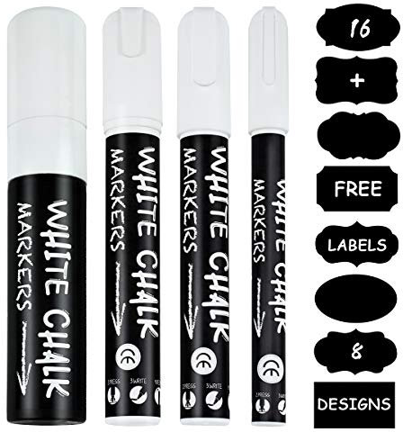 Ulifeme Kreidestift Weiss, 3mm, 6mm, 10mm und 15mm Kreidestifte für Tafel, Fenster & Glas, Trocken & Feucht Abwischbare Kreidemarker, 4 Stück Flüssige Kreide Weiß Set + 16pcs Kreidetafel Labels