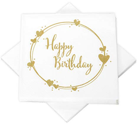 20 Servietten Geo Herzen 'Happy Birthday' weiß & gold 33 x 33 cm