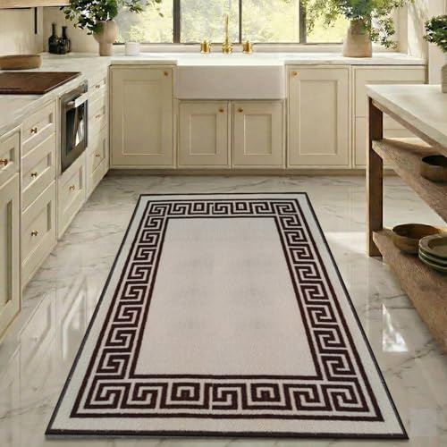 PHP Hallway Runners Kitchen Rugs Non-Slip Washable Door Mat | 66 x 220 cm Anti Fatigue, Entrance Large Anti-Slip Floor Mats Stair Carpets - Greeky - Beige&Brown, 66 x 220cm -XL Runner