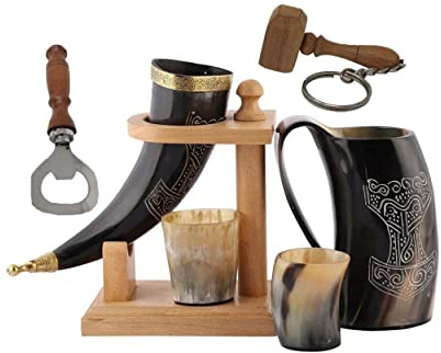Viking - Cuerno de buey para beber | Jarra | Taza | Taza para cerveza, hidromiel, vino, vaso de chupito, abrebotellas | 100% libre de fugas | Natural y hecho a mano | Ofertas combinadas (1 cuerno con