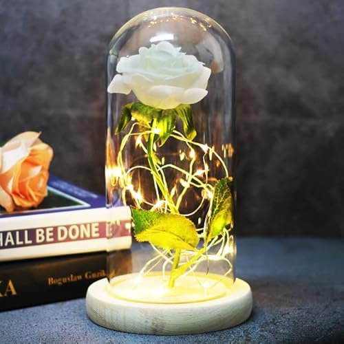 Rose Artificial Flowers Rose In Glass Dome Christmas Home Decor Wedding Valentines Day New Year Gift-MD03-White