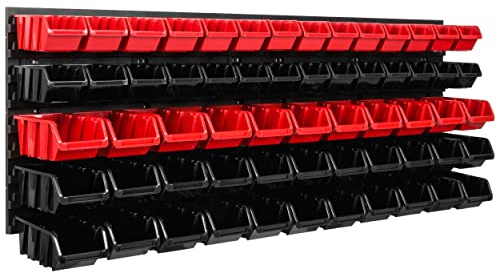 SimpleThing Lagersystem Werkstattregal | 115 x 39 cm | 61 stck. Box | Wandregal mit Stapelboxen - Wandplatten Extra Starke Schüttenregal Warkzeuglochwand Lagerregal Garage Regal