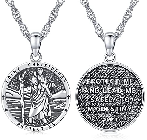 Eusense Erzengel Michael/Heiliger Christophorus/Saint Jude Thaddeus/Sieben Erzengel/Heilige Maria/Jesus Kreuz Anhänger Amulett Halskette 925 Silber Christliche Kette Schmuck Herren Damen