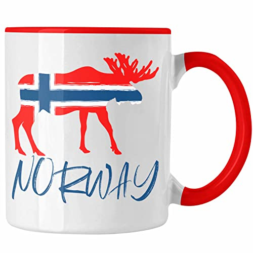 Trendation - Norwegen Geschenke Tasse Flagge Nordkap Elch Norway Grafik (Rot)