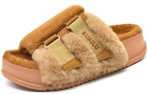 KuaiLu Women's Orthotic Arch Support Slippers, Soft Cushioned & Adjustable | Fuzzy Platform Slippers Fluffy Furry Slides Faux Fur Sandals Warm Indoor Outdoor House Shoes