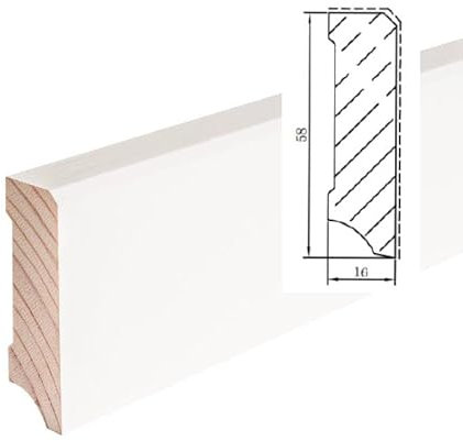 1 pacchetto (24 m) – Battiscopa in legno massello di pino cubo, 16 x 58 mm, laccato bianco, RAL 9016 battiscopa