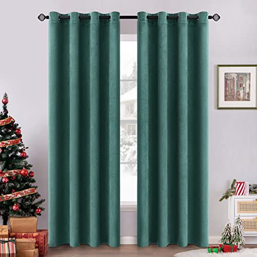 EMEMA 2 Stück Verdunklungsvorhang Samtvorhänge Blickdicht Vorhang mit Ösen Thermogardine Ösenvorhang Verdunkelungsgardinen für Schlafzimmer Wohnzimmer, 140 x 185 cm(B x H) Dunkelgrün