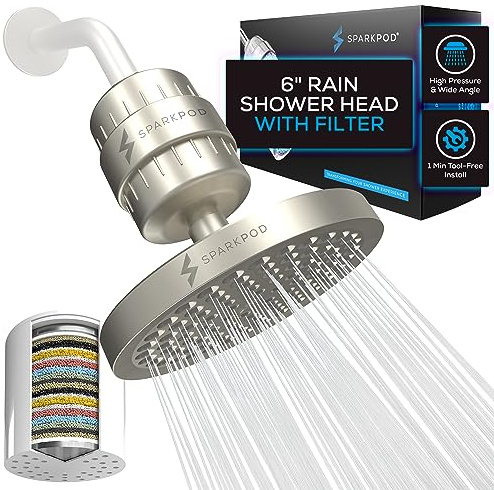 SparkPod Luxury Filtered Shower Head Set 23 Stage Shower Filter - Reduces Chlorine and Heavy Metals - High Pressure Showerhead Filter (6 Round, Elegant Brushed Nickel)