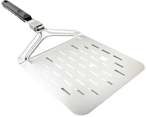 Perforated 10 metal pizza peel turner with folding handle for outdoor pizza oven accessories and indoor baking use