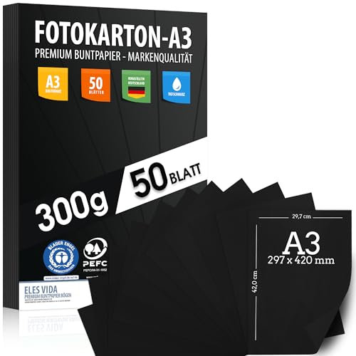 50 Blatt SCHWARZER Bastelkarton 300g/m² – PREMIUM PAPIER Tiefschwarz - DIN A3 - Druckerpapier Schwarz unbedruckt für Fotografie, Präsentationen, Basteln, FOTOKARTON, Karton - MADE IN GERMANY