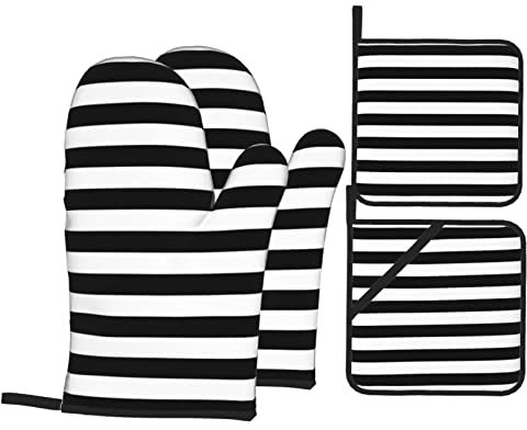 Lot de 4 Gants de Four et maniques à Rayures Noires et Blanches personnalisés Love Cat Dog Lot de 4 Accessoires de Cuisine imperméables et résistants à la Chaleur