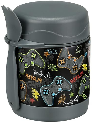 10oz Soup Thermo for Hot Food Kids,Lunch Thermo Kids Food Jar with Spoon Hot Insulated Food Containers,Leak Proof Stainless Steel Wide Mouth Lunch Food Thermo Jar for School(Black-Game Console)