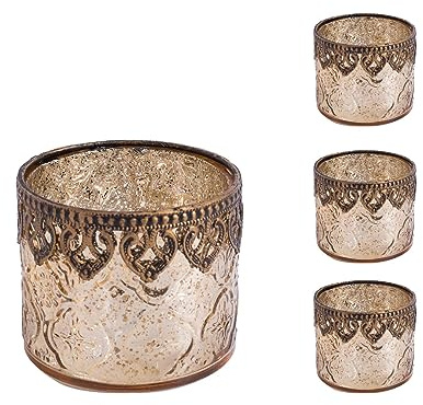 Jinfa 4er-Set orientalischer Teelichthalter aus Glas Windlichter Kerzengläser Teelichtgläser Geschenk | Zylindrische Form | Königliches Gold Ø 10cm x h 9cm