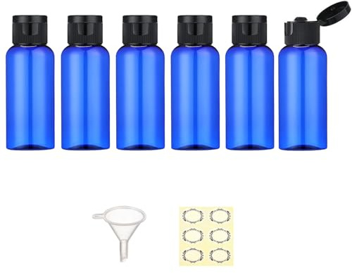 Apstaqeoo 6 st 50 ml plast reseflaskor med flip-lock, tomma klämflaskor, påfyllningsbara resebehållare med 1 tratt och 6 etiketter, TSA godkänd för vätskor, lotion, toalettartiklar, kosmetika (blå)