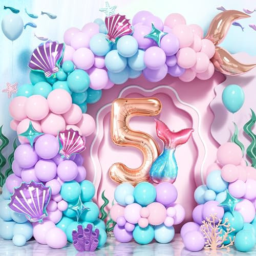 Ballon Sirène Queue Guirlande Anniversaire 5 ans, 125 Pièces Violet Rose Teal Bleu Ballons Latex Arche avec Numéro 5 pour Décorations Filles Enfants Sirène Sous La Mer Thème Anniversaire Baby Shower
