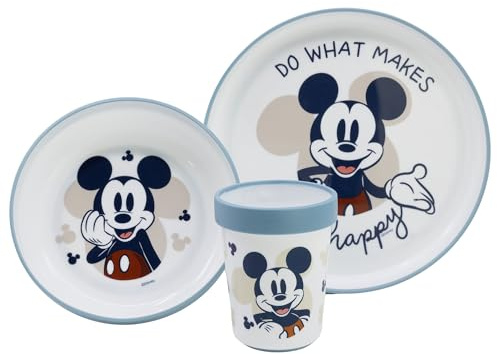 STOR Kindergeschirr Set Rutschfest Micky Maus - 3-teilig Teller Schale Becher 260ml - BPA-frei Kunststoff Mikrowellengeeignet - Disney Baby