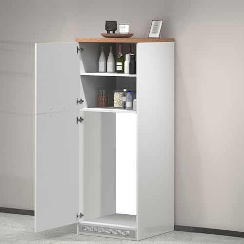 Dmora - Buffet de Cuisine Plinio, Armoire Polyvalente, Meuble de kitchenette, Support réfrigérateur Multifonctionnel, 100% Made in Italy, 60x60h165 cm, Blanc Brillant et chêne