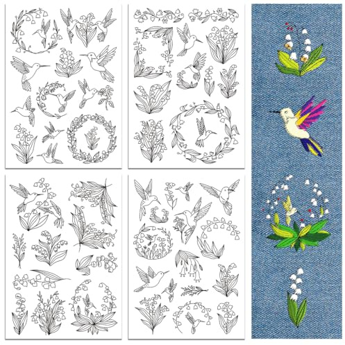 peacoblue Stickvorlagen Wasserlöslich für Anfänger 4 Sheet Kolibri und Blume with 50pcs Muster, Wash Away Stick and Stitch Auflösbares Stickereipapier für Handnähbegeisterte Frauen Erwachsene | 4 Blatt Stickvorlagen mit 50 Stück, Aufbügelbare Stickhilfe zum Abwaschen für Handstickerei Anfänger und Kreative