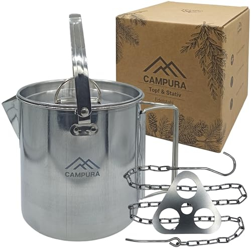 Campura Edelstahl Outdoor-Topf 1200 ml - Mit Lagerfeuer-Stativ - Hitzebeständig, Messskala, Transporttaschen - Ideal für Bushcraft, Wandern & Survival-Abenteuer