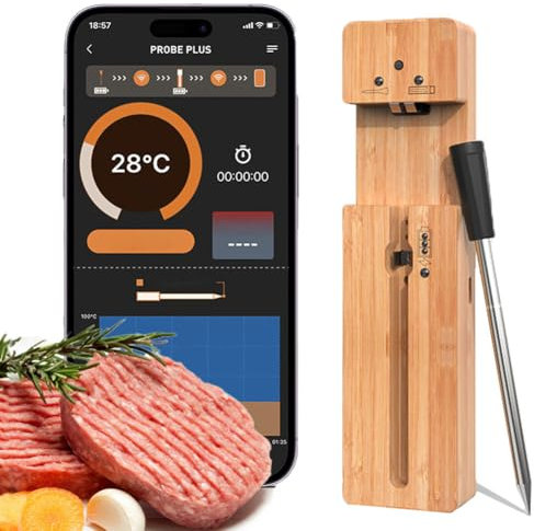 Digital Meat Thermometer, Smart Bluetooth Meat Thermometer, 304 Stainless Steel Food Grade Probe, IPX7 Waterproof Roasting Thermometer for Oven, Grill, Kitchen, BBQ & Air Fryers